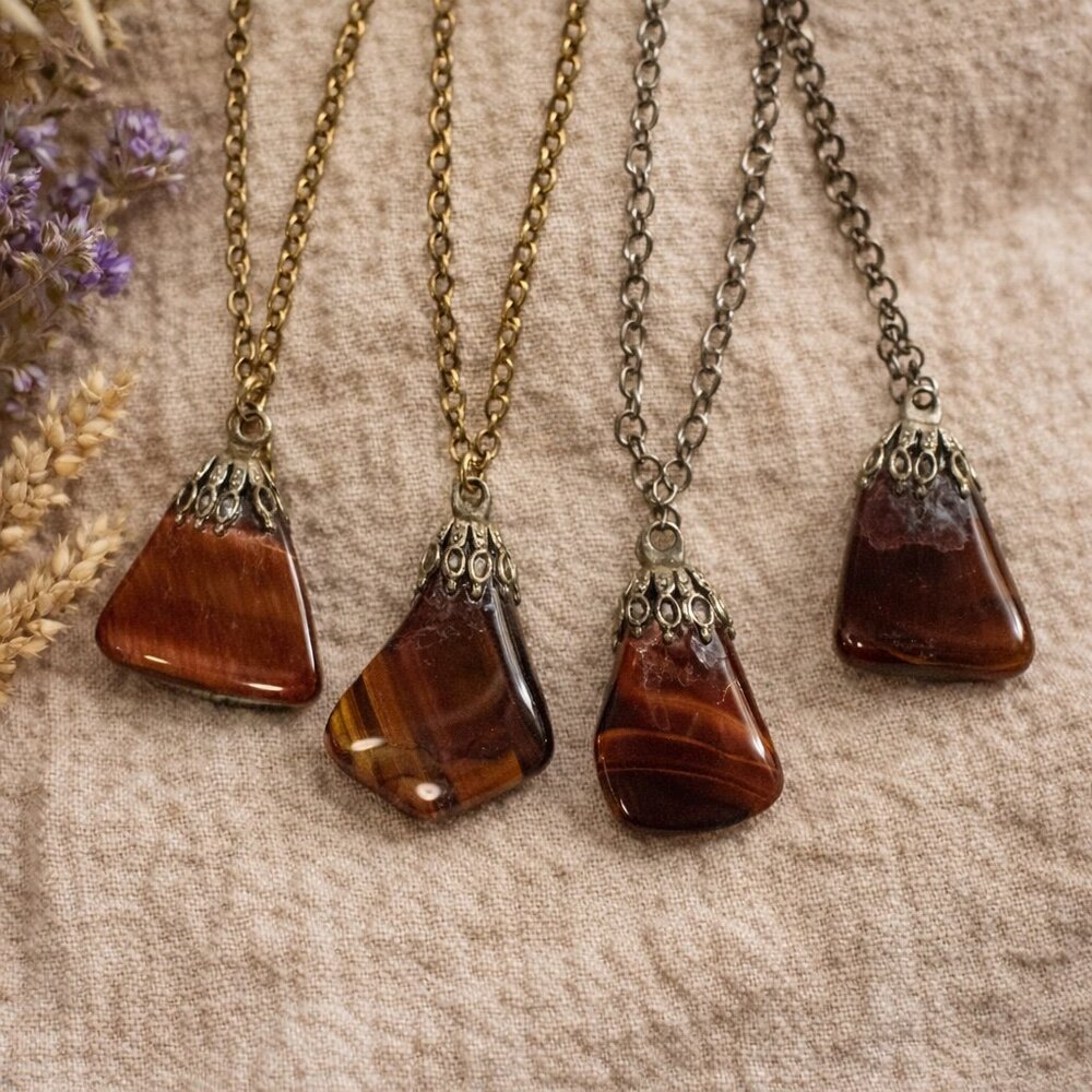 Lot 4 Tigers Eye Stone Pendants Vintage Gemstone Charms Brown Agate Jewelry